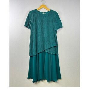 Vintage‎ AFTER DARK Teal Pleated Layered Midi Dress Short Sleeve